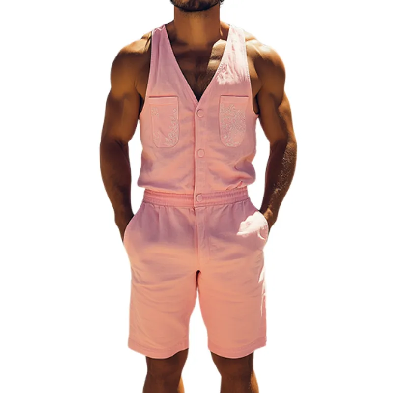 Men's Spring and Summer Fashion Casual Vest Shorts Embroidered Cotton and Linen Jumpsuit MTA1102D2K sold by Manly