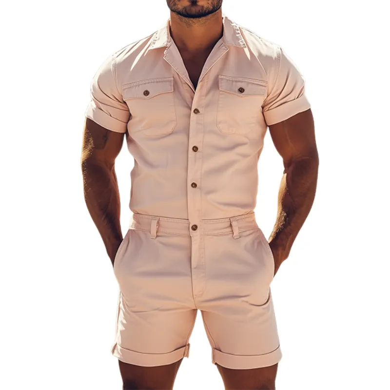 Men's Spring Fashion Casual Slim Fit Twill Cotton Short Sleeve Shirt Shorts Jumpsuit MTA1113D1K sold by Manly