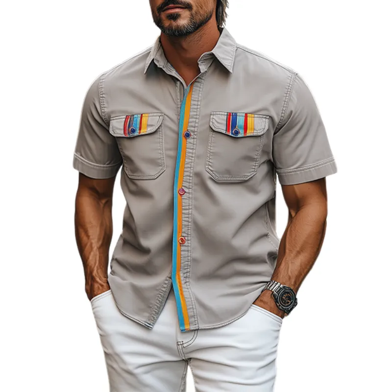 Men's Spring Fashion Casual Contrast Stripe Pocket Plain Cotton Short Sleeve Shirt MTA1113D7K sold by Manly