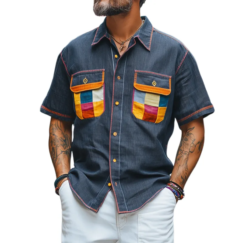 Men's Spring Fashion Casual Color-blocked Cotton and Linen Short-sleeved Shirt MTA1199D3K sold by Manly
