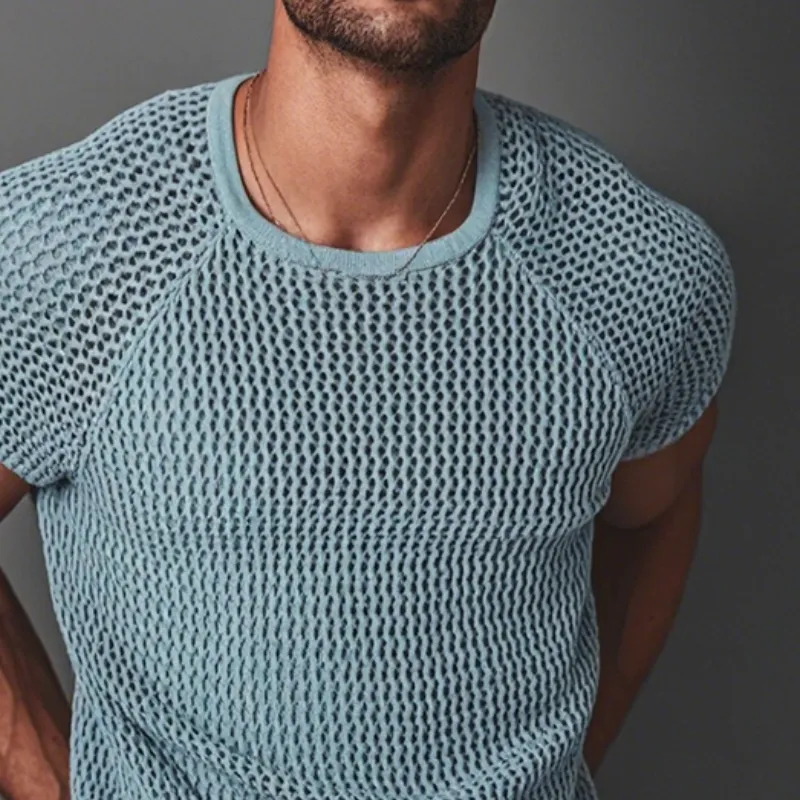 Men's Casual Solid Color Hollow Round Neck Short-Sleeved T-Shirt MTA1496D3TO sold by Manly product image thumbnail 3