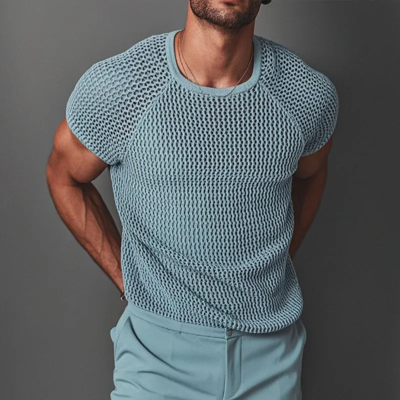 Men's Casual Solid Color Hollow Round Neck Short-Sleeved T-Shirt MTA1496D3TO sold by Manly product image thumbnail 2