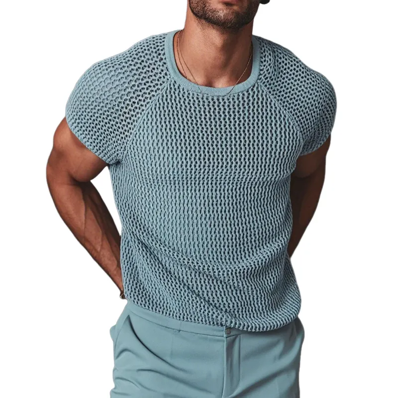 Men's Casual Solid Color Hollow Round Neck Short-Sleeved T-Shirt MTA1496D3TO sold by Manly