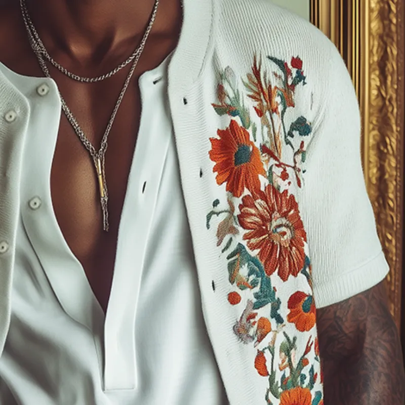 Men's Vintage Floral Embroidery Knitted Short Sleeve Cardigan MTA1482D2TO sold by Manly product image thumbnail 3