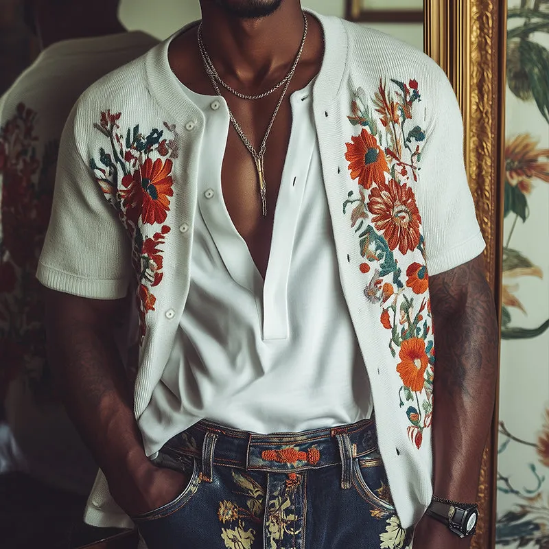 Men's Vintage Floral Embroidery Knitted Short Sleeve Cardigan MTA1482D2TO sold by Manly product image thumbnail 2