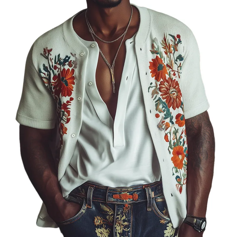 Men's Vintage Floral Embroidery Knitted Short Sleeve Cardigan MTA1482D2TO sold by Manly