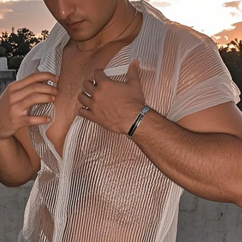 Men's Casual Mesh Striped Lapel Short Sleeve Shirt MTA1436D6TO sold by Manly product image thumbnail 3