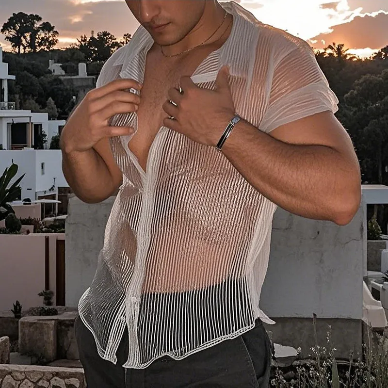 Men's Casual Mesh Striped Lapel Short Sleeve Shirt MTA1436D6TO sold by Manly product image thumbnail 2