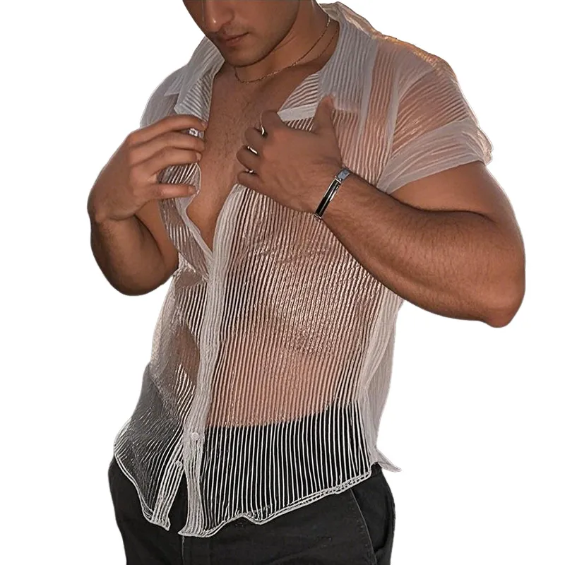 Men's Casual Mesh Striped Lapel Short Sleeve Shirt MTA1436D6TO sold by Manly