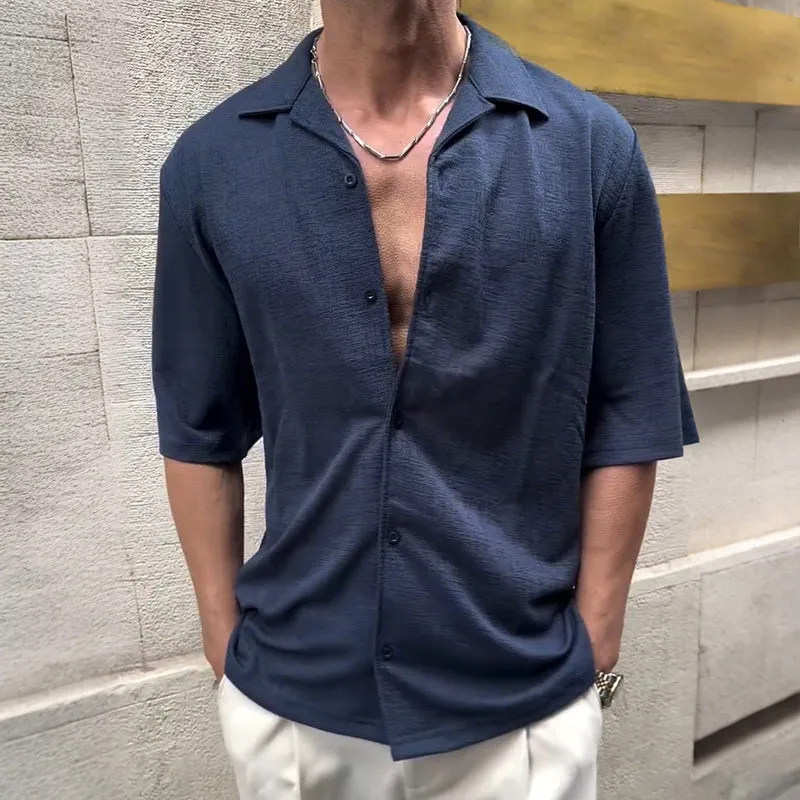 Men's Retro Solid Lapel Short Sleeve Shirt MTA1432D6TO sold by Manly product image thumbnail 2