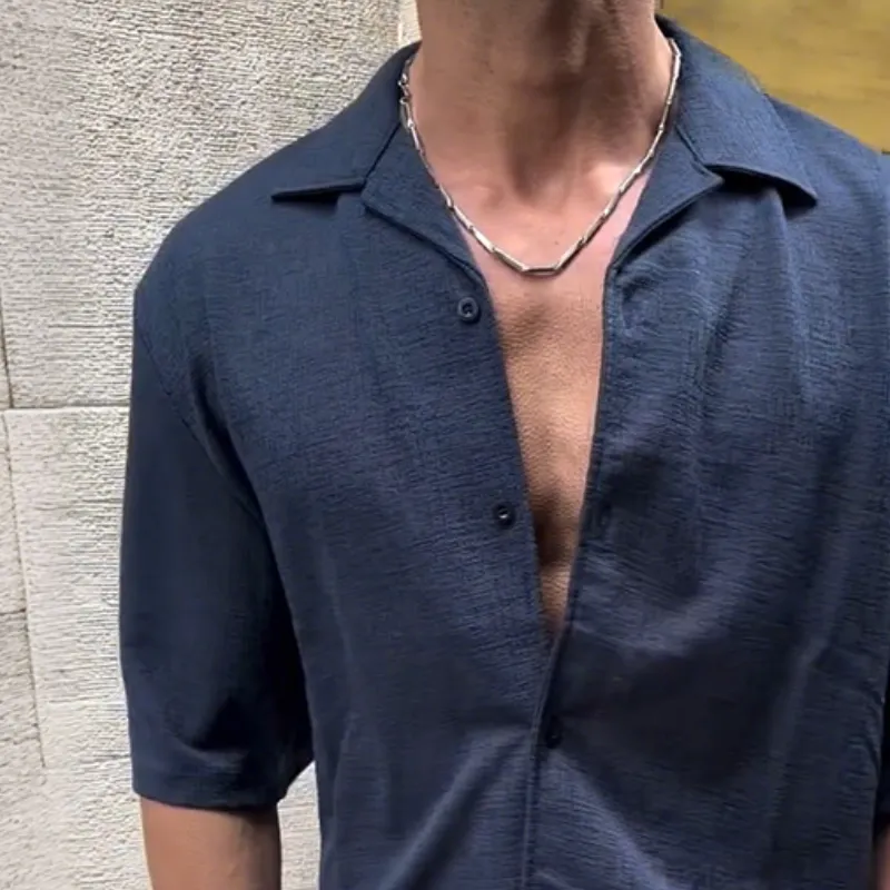 Men's Retro Solid Lapel Short Sleeve Shirt MTA1432D6TO sold by Manly product image thumbnail 3