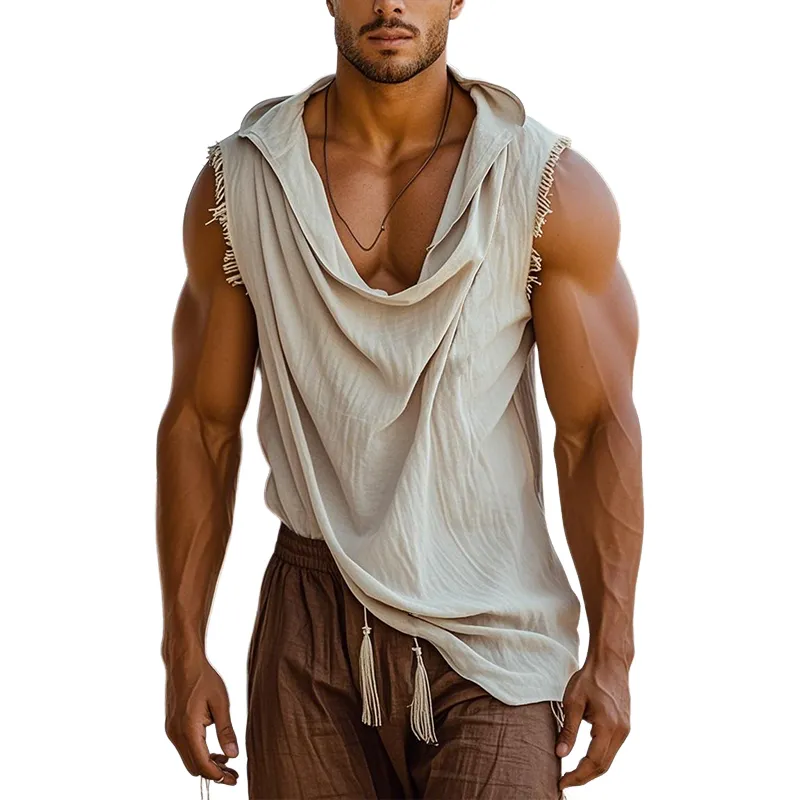 Men's Retro Casual Linen Tassel Hooded Tank Top MTA1471D6TO sold by Manly