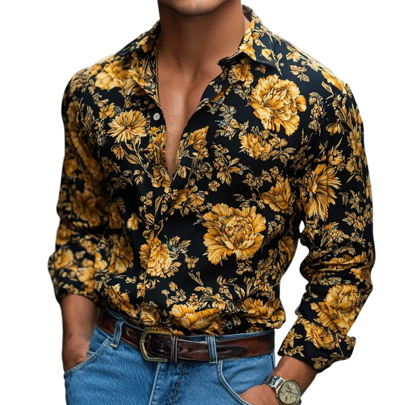 Men's Retro Casual Printed Floral Lapel Long Sleeve Shirt MTA1476D5TO sold by Manly