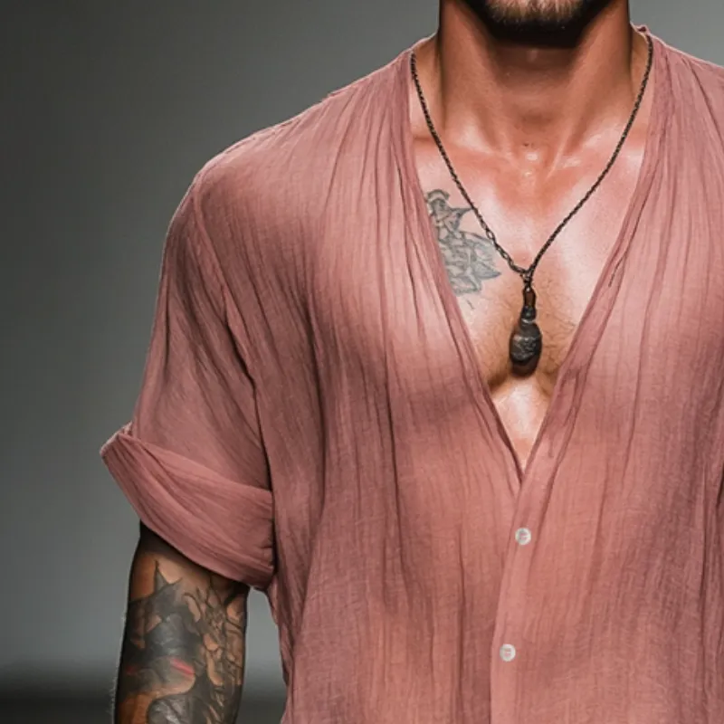 Men's Retro Casual Linen V-Neck Long Sleeve Shirt MTA1449D0TO sold by Manly product image thumbnail 3