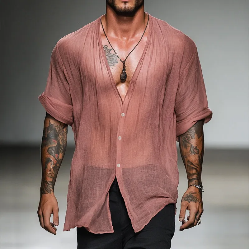 Men's Retro Casual Linen V-Neck Long Sleeve Shirt MTA1449D0TO sold by Manly product image thumbnail 2