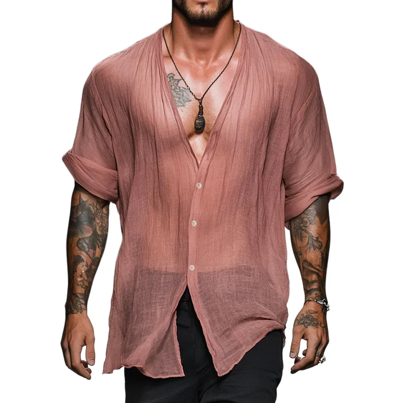 Men's Retro Casual Linen V-Neck Long Sleeve Shirt MTA1449D0TO sold by Manly
