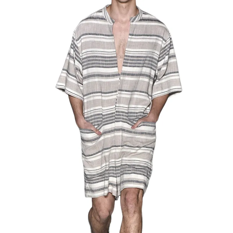 Men's Summer Fashion Casual Loose Deep V-neck Cotton and Linen Striped Jumpsuit MTA1499D2K sold by Manly