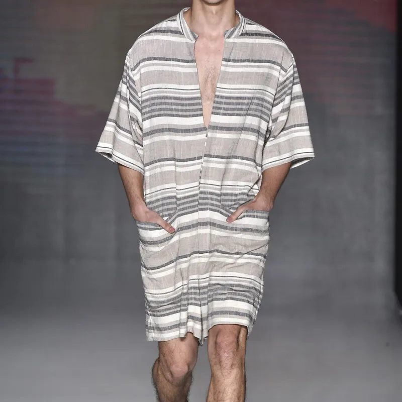 Men's Summer Fashion Casual Loose Deep V-neck Cotton and Linen Striped Jumpsuit MTA1499D2K sold by Manly product image thumbnail 2