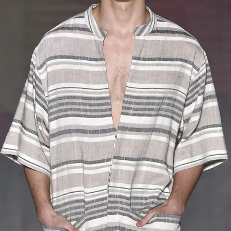 Men's Summer Fashion Casual Loose Deep V-neck Cotton and Linen Striped Jumpsuit MTA1499D2K sold by Manly product image thumbnail 3