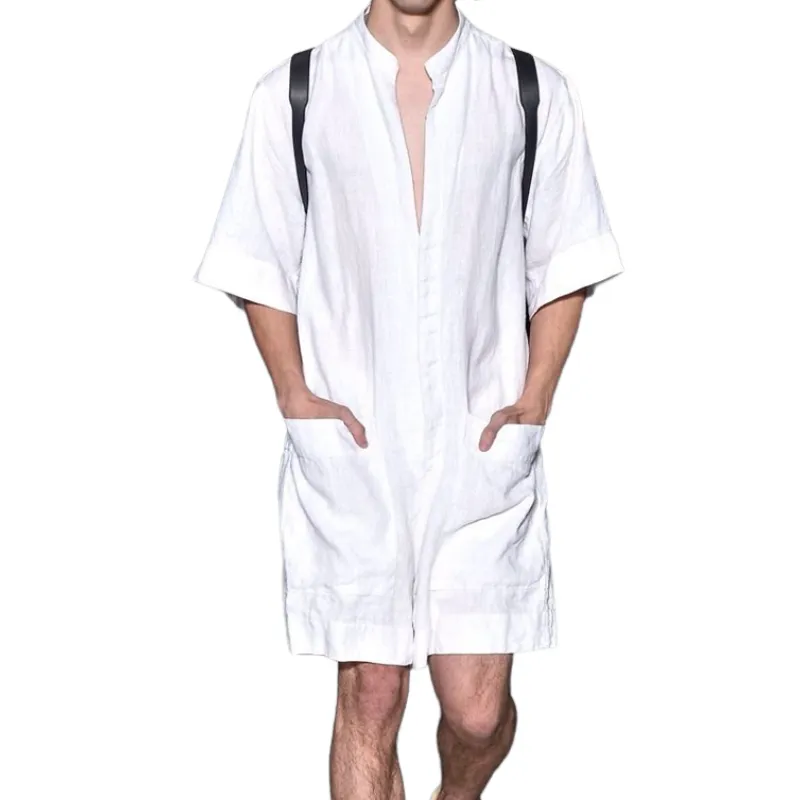 Men's Summer Fashion Casual Loose Deep V-neck Cotton and Linen Jumpsuit MTA1466D7K sold by Manly