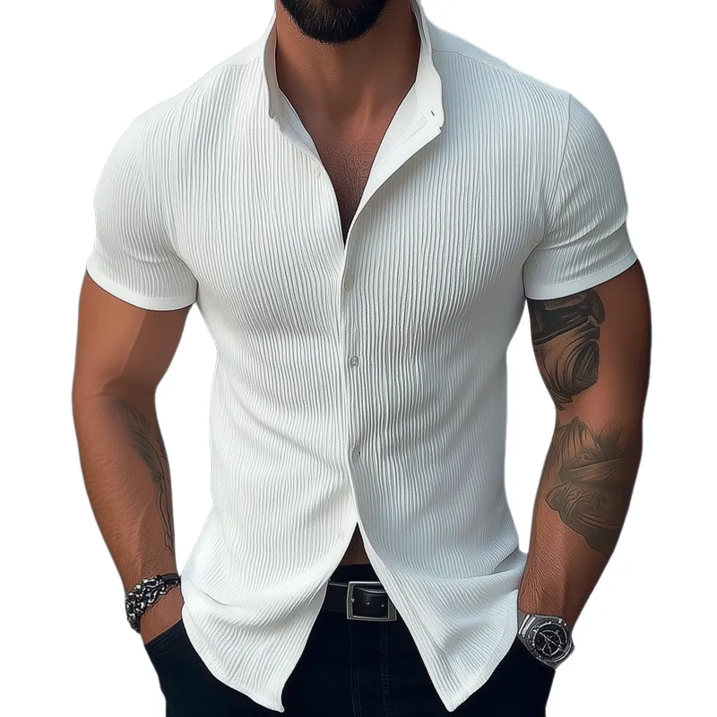 Men's Solid Color Stand Collar Short Sleeve Shirt MTA1444D7Z sold by Manly