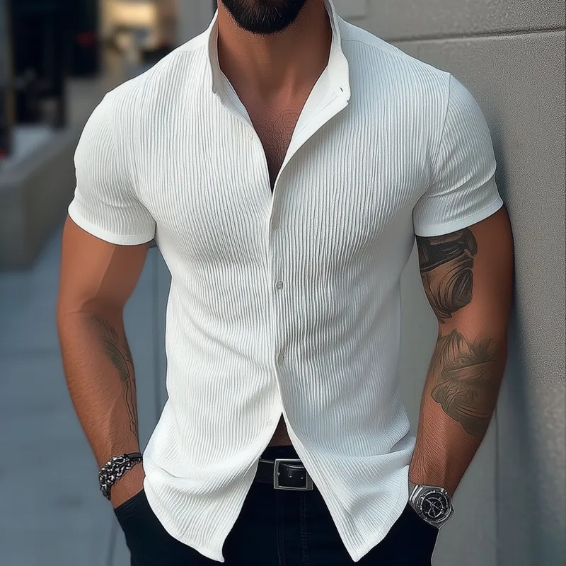 Men's Solid Color Stand Collar Short Sleeve Shirt MTA1444D7Z sold by Manly product image thumbnail 2