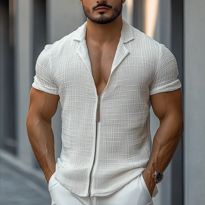 Men's Solid Cotton And Linen Cuban Collar Short Sleeve Shirt MTA1445D5Z sold by Manly product image thumbnail 2