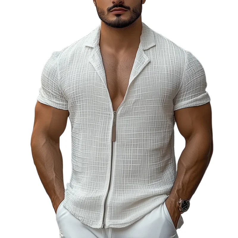 Men's Solid Cotton And Linen Cuban Collar Short Sleeve Shirt MTA1445D5Z sold by Manly