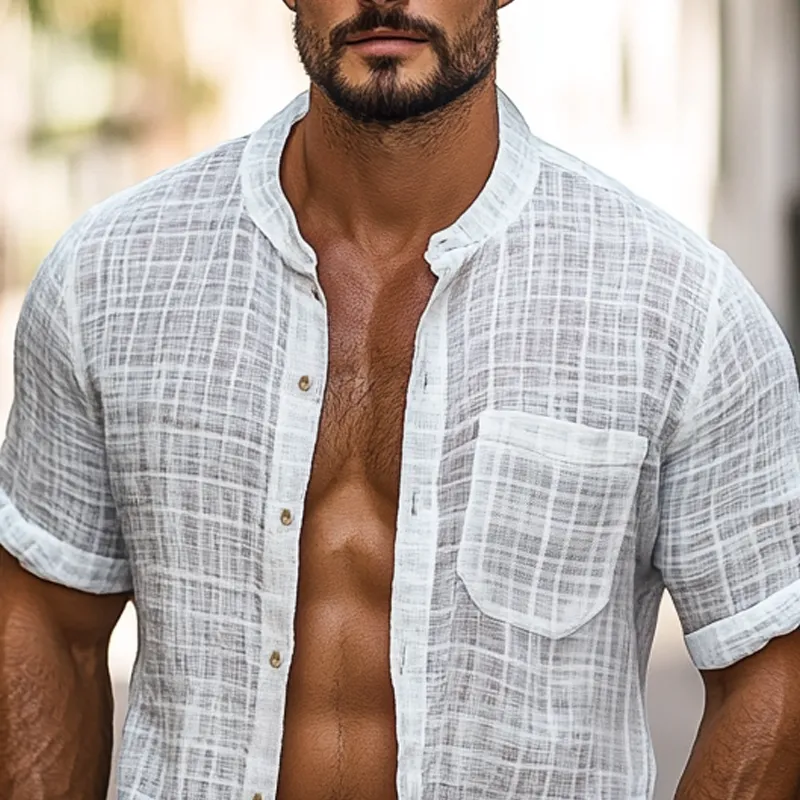 Men's Solid Cotton And Linen Round Neck Short Sleeve Shirt MTA1429D6Z sold by Manly product image thumbnail 3