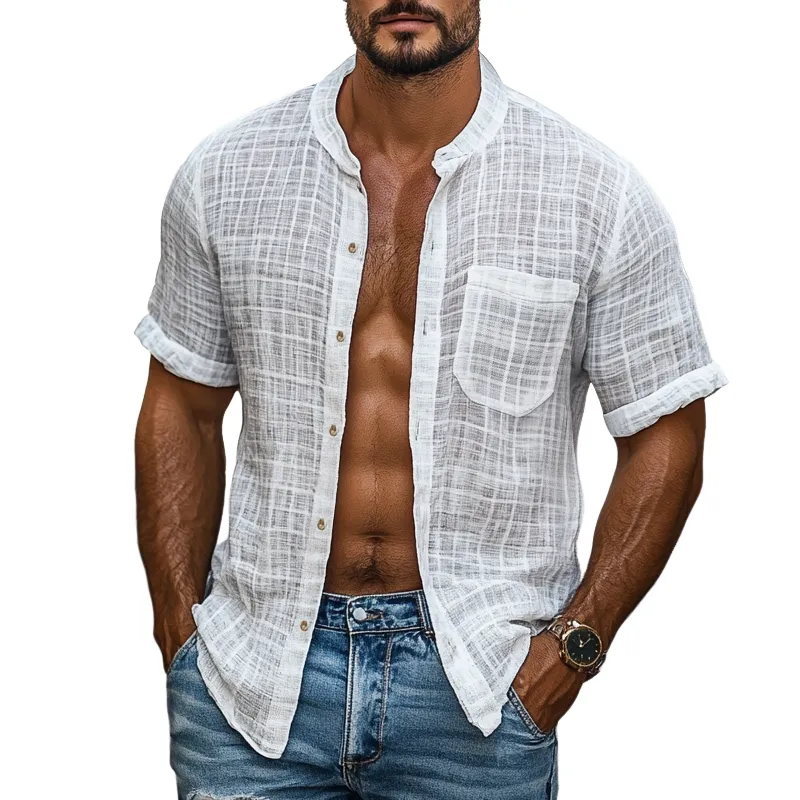 Men's Solid Cotton And Linen Round Neck Short Sleeve Shirt MTA1429D6Z sold by Manly