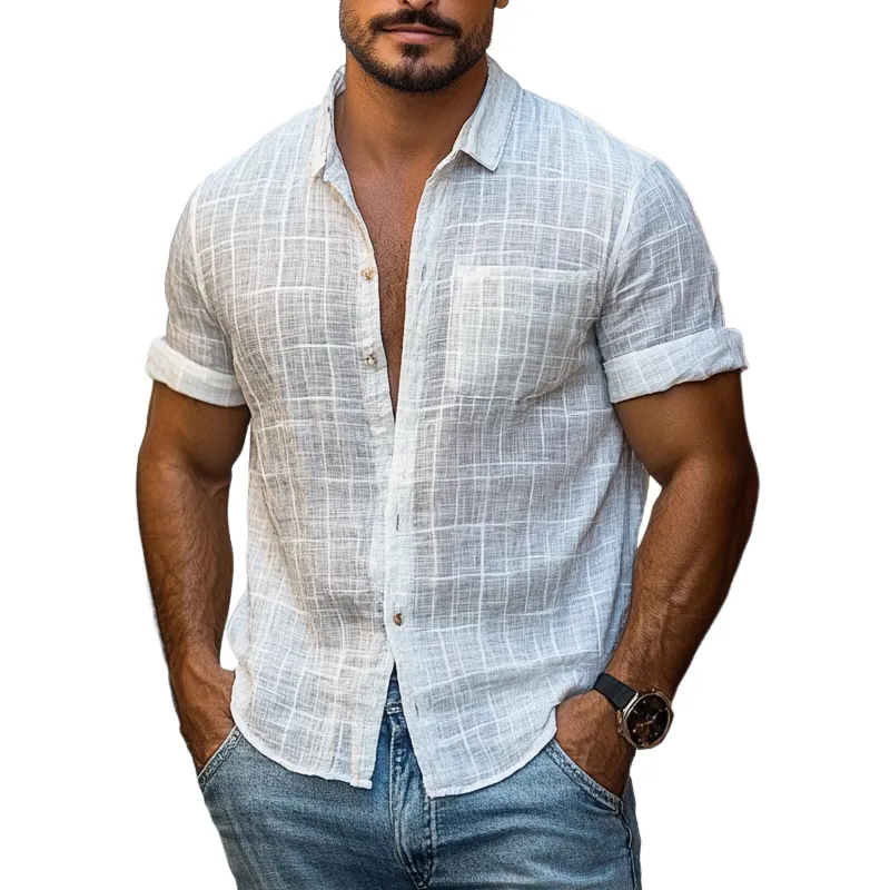 Men's Solid Cotton And Linen Lapel Short Sleeve Shirt MTA1408D7Z sold by Manly