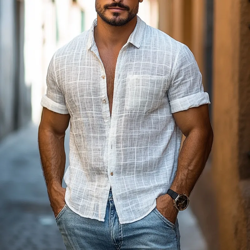 Men's Solid Cotton And Linen Lapel Short Sleeve Shirt MTA1408D7Z sold by Manly product image thumbnail 2