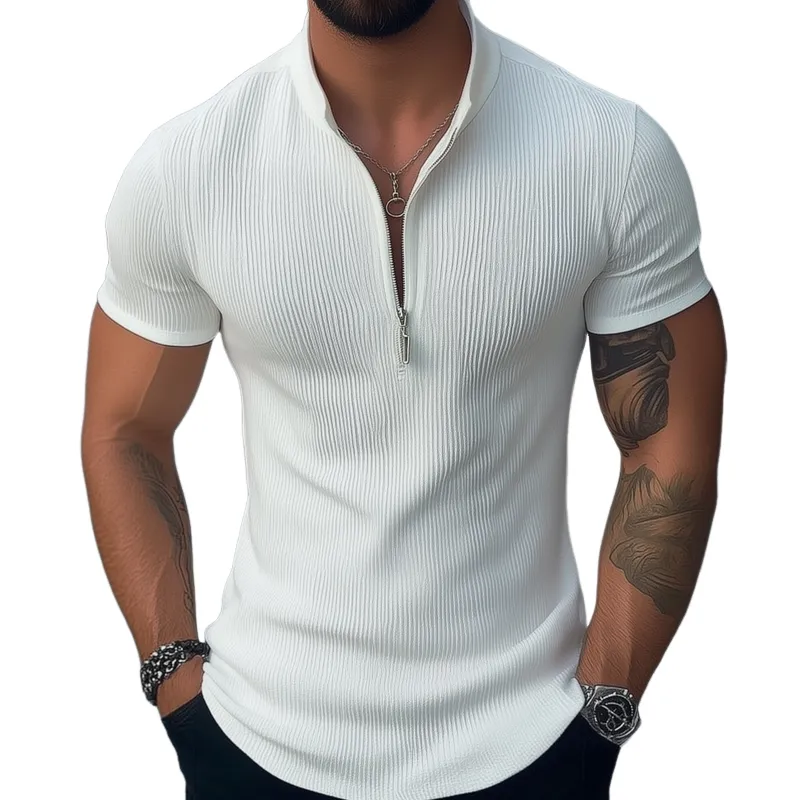 Men's Solid Color Zipper Stand Collar Short Sleeve T-shirt MTA1470D0Z sold by Manly