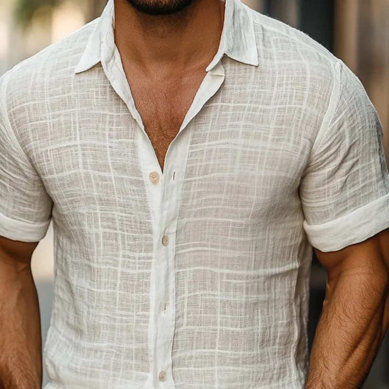 Men's Solid Cotton And Linen Lapel Short Sleeve Shirt MTA1413D0Z sold by Manly product image thumbnail 3