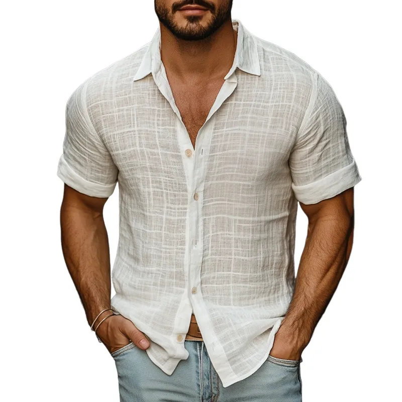 Men's Solid Cotton And Linen Lapel Short Sleeve Shirt MTA1413D0Z sold by Manly