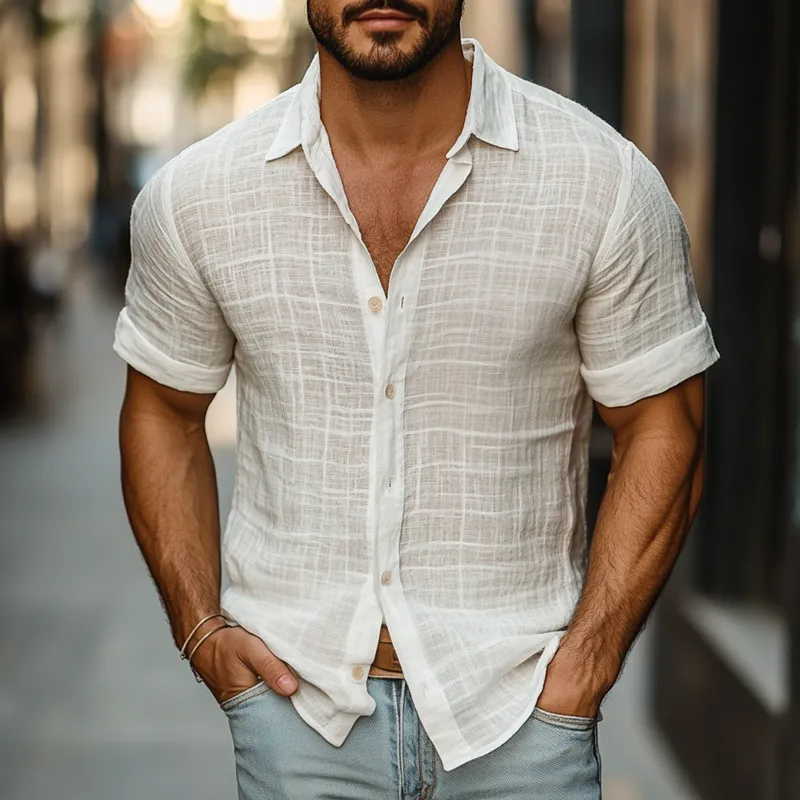 Men's Solid Cotton And Linen Lapel Short Sleeve Shirt MTA1413D0Z sold by Manly product image thumbnail 2