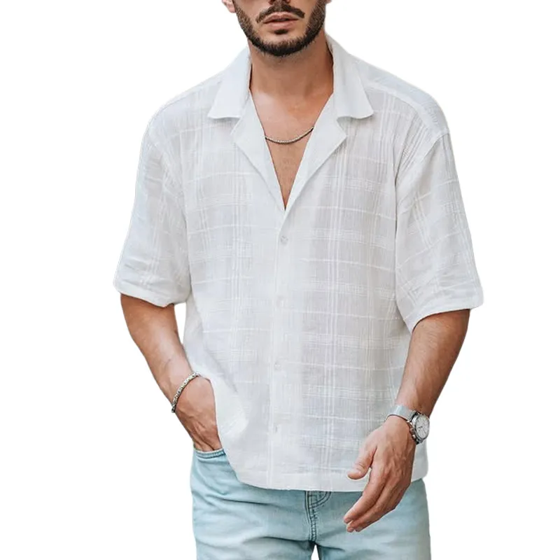 Men's Solid Cotton And Linen Lapel Short Sleeve Shirt MTA1497D1Z sold by Manly