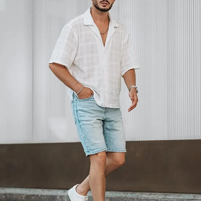 Men's Solid Cotton And Linen Lapel Short Sleeve Shirt MTA1497D1Z sold by Manly product image thumbnail 4