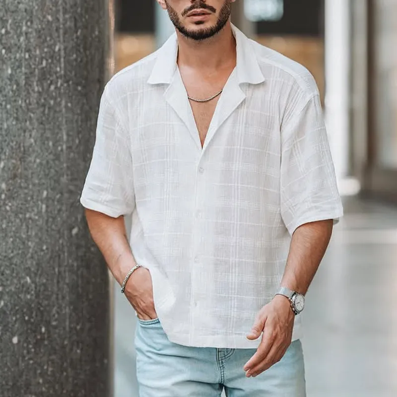 Men's Solid Cotton And Linen Lapel Short Sleeve Shirt MTA1497D1Z sold by Manly product image thumbnail 2