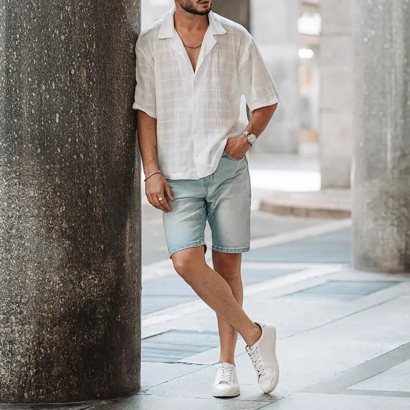 Men's Solid Cotton And Linen Lapel Short Sleeve Shirt MTA1497D1Z sold by Manly product image thumbnail 3