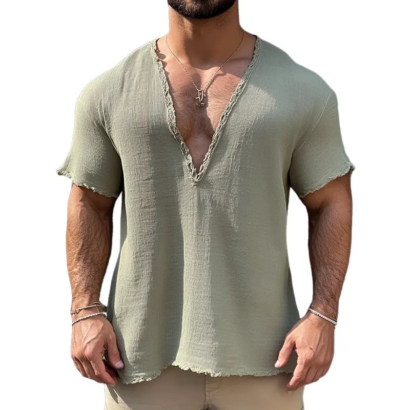 Men's Solid Cotton And Linen Rough Edge V Neck Short Sleeve T-shirt MTA1499D1Z sold by Manly