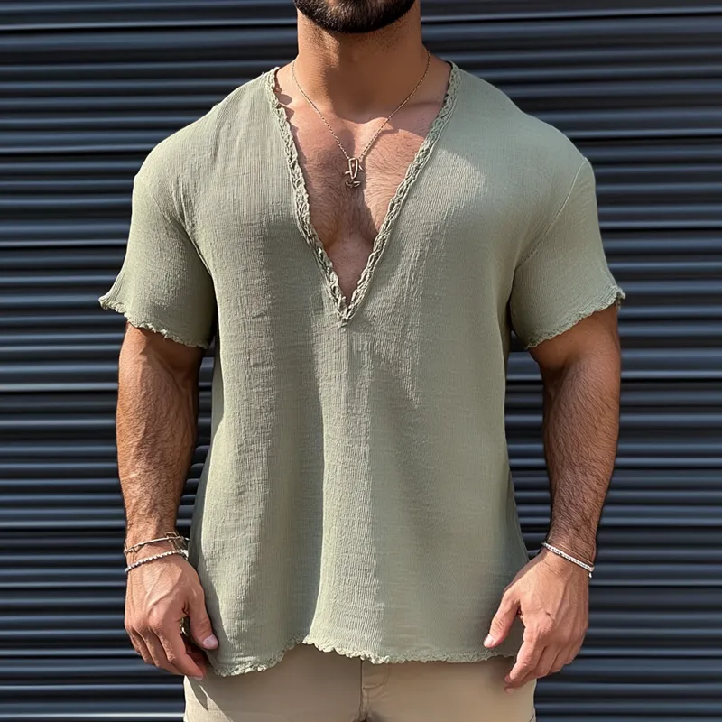 Men's Solid Cotton And Linen Rough Edge V Neck Short Sleeve T-shirt MTA1499D1Z sold by Manly product image thumbnail 2