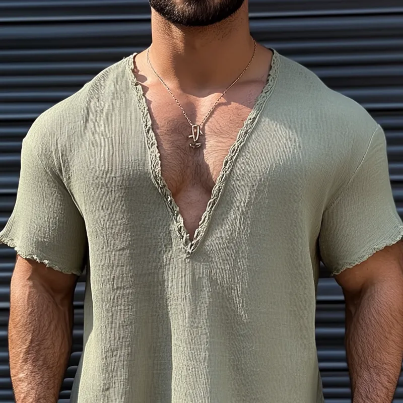 Men's Solid Cotton And Linen Rough Edge V Neck Short Sleeve T-shirt MTA1499D1Z sold by Manly product image thumbnail 3