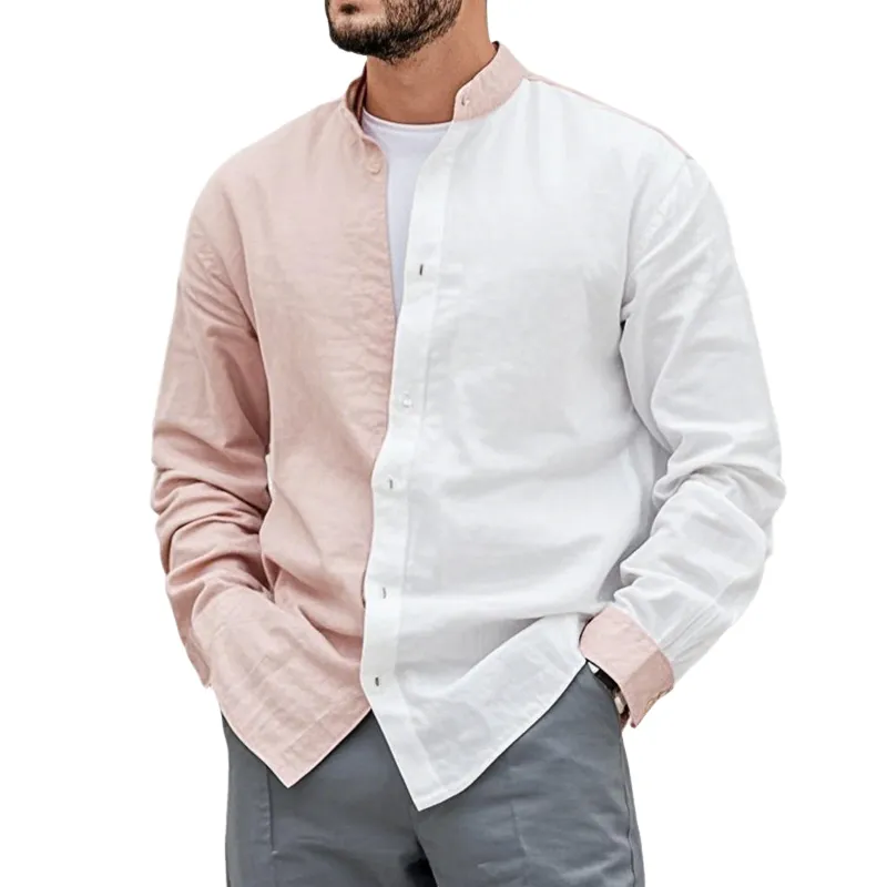 Men's Colorblock Cotton And Linen Lapel Long Sleeve Shirt MTA1466D5Z sold by Manly