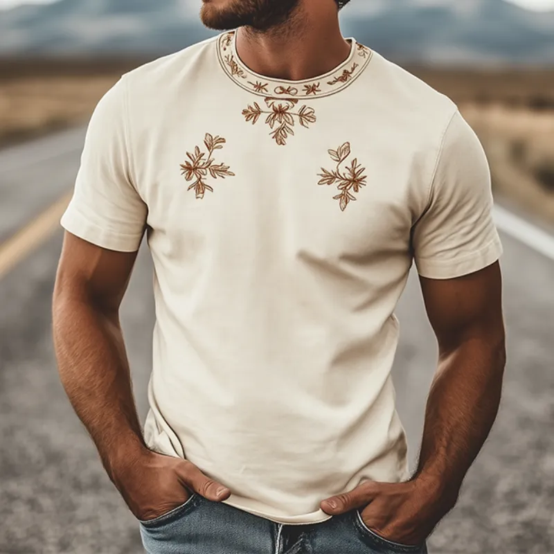 Men's Spring Fashion Classic Retro Western Style Round Neck Suede Embroidered Short Sleeve T-Shirt MTA1451D5K sold by Manly product image thumbnail 2