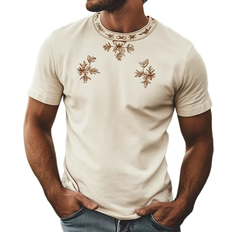 Men's Spring Fashion Classic Retro Western Style Round Neck Suede Embroidered Short Sleeve T-Shirt MTA1451D5K sold by Manly