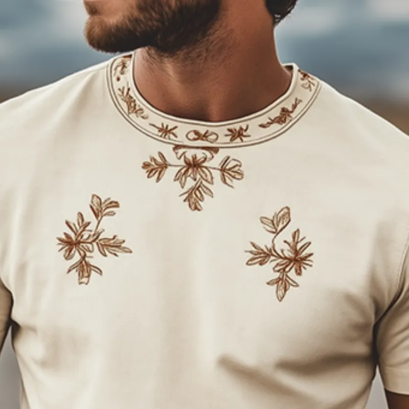 Men's Spring Fashion Classic Retro Western Style Round Neck Suede Embroidered Short Sleeve T-Shirt MTA1451D5K sold by Manly product image thumbnail 4