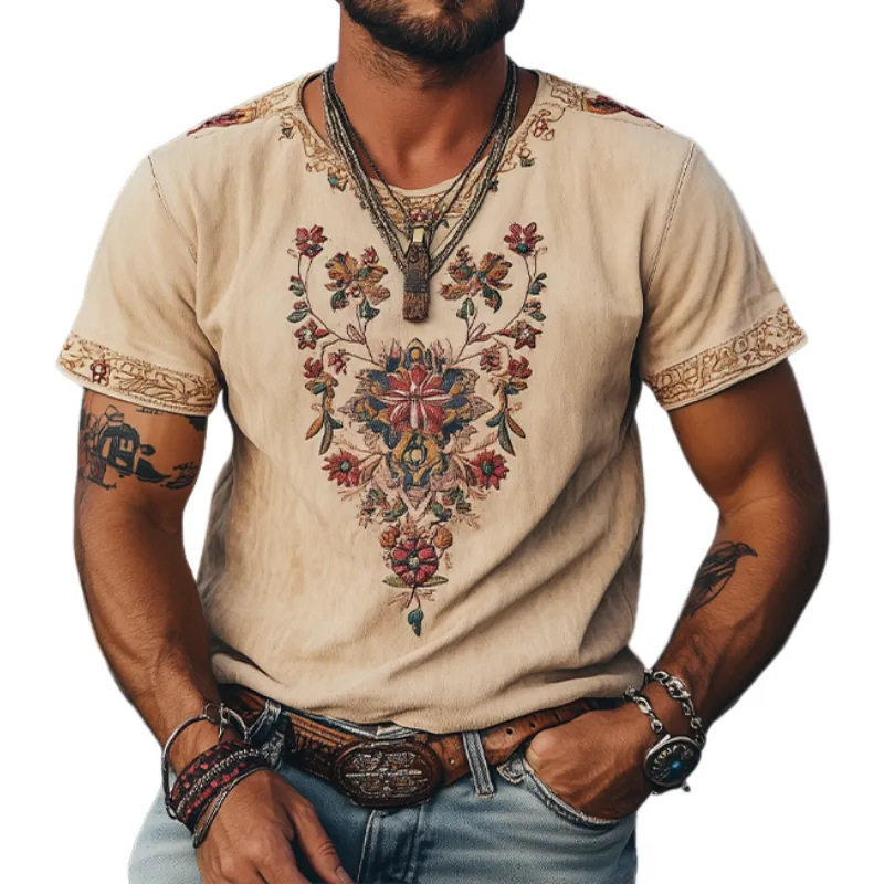 Men's Spring and Summer Classic Retro Western Style Suede Embroidered Short Sleeve T-Shirt MTA1423D7K sold by Manly