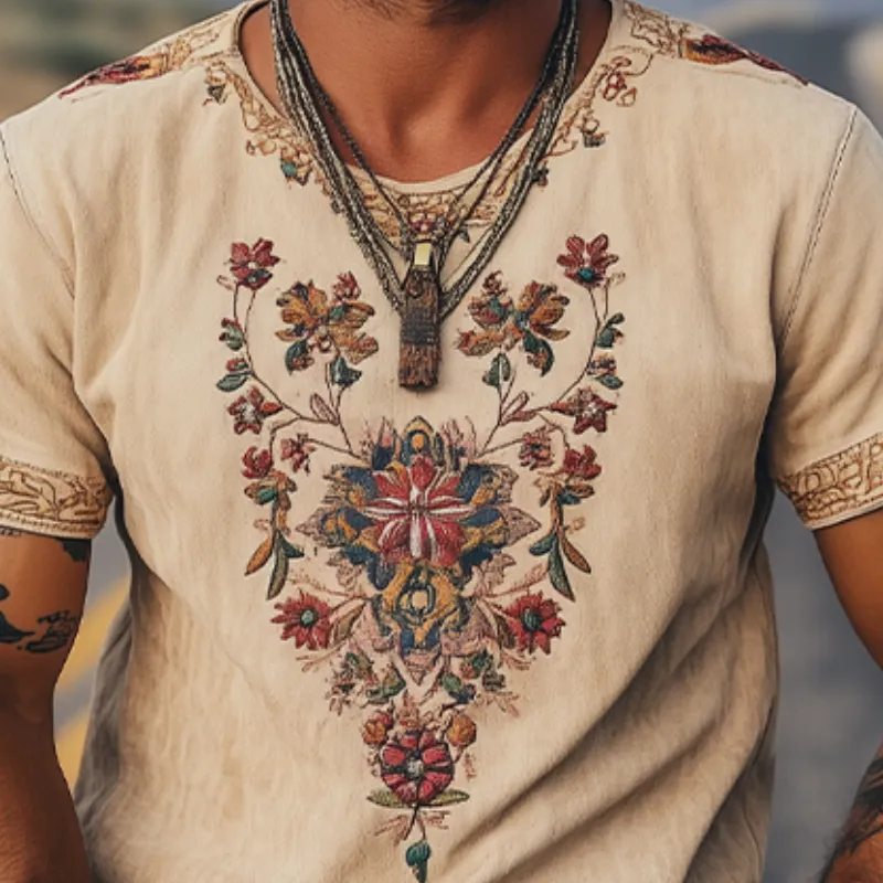 Men's Spring and Summer Classic Retro Western Style Suede Embroidered Short Sleeve T-Shirt MTA1423D7K sold by Manly product image thumbnail 4