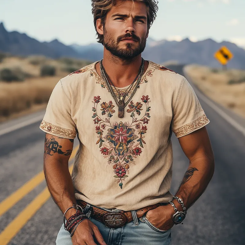Men's Spring and Summer Classic Retro Western Style Suede Embroidered Short Sleeve T-Shirt MTA1423D7K sold by Manly product image thumbnail 3